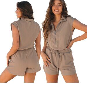🫒 Dark Khaki Half-Zip Textured Romper – Sizes M, L, XL